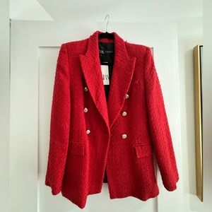 Never been worn Zara red blazer. Perfect for the holidays gold buttons